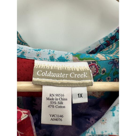 Coldwater Creek Button Down Shirt Silk Cotton Women 1X Floral Patchwork Artsy - Picture 7 of 7